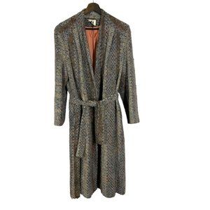 Vintage 70s Grey Tan Woven Long Open Front Belted Cardigan Coat Medium